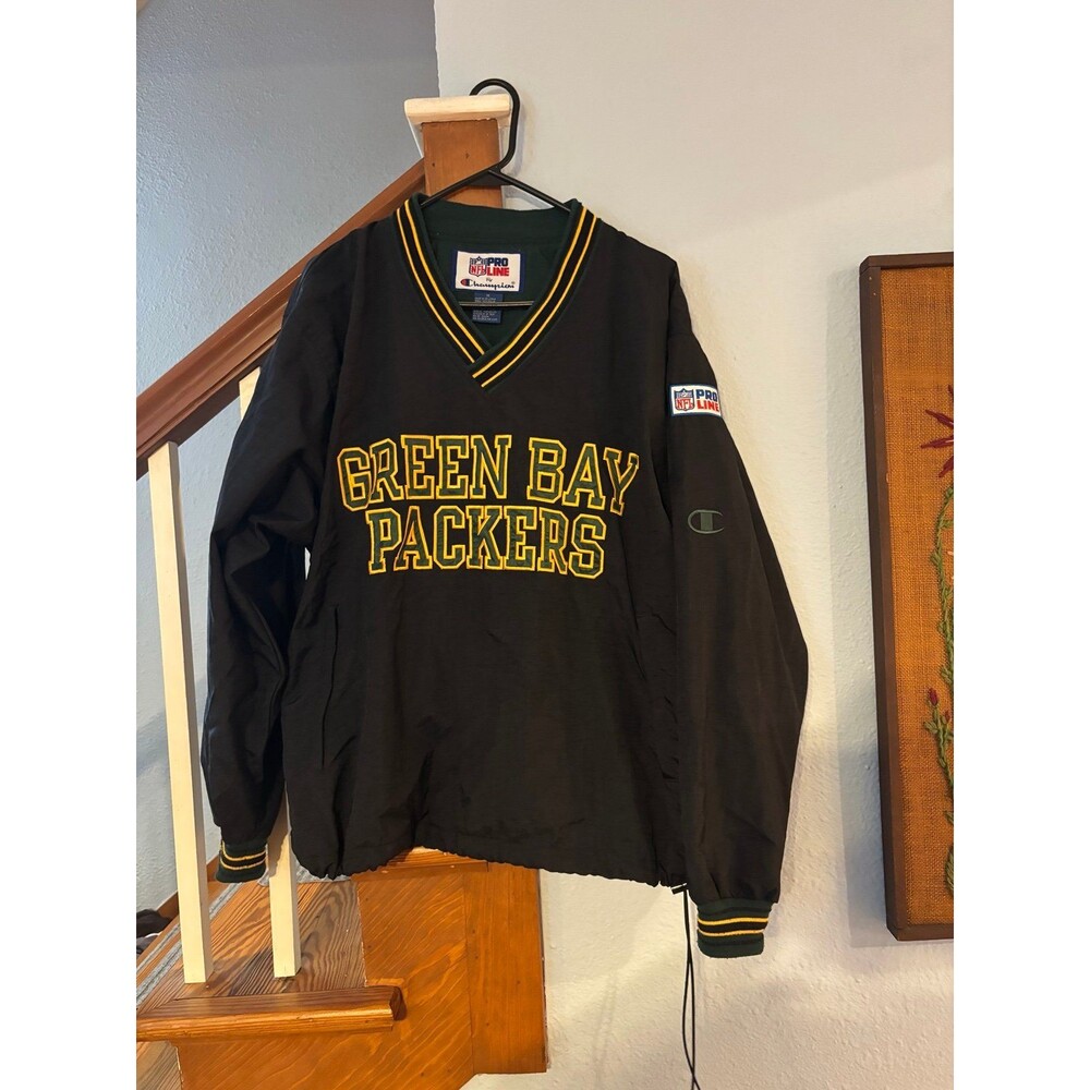 Champion NFL Pro Line Green Bay Packers Pullover Jacket M Black VTG Y2K